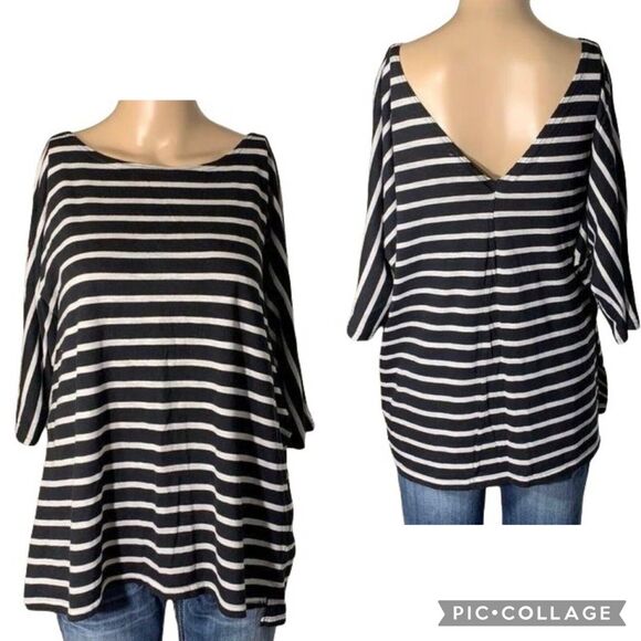 Divided Womens T Shirt Top Striped Deep V Back Pullover Black White Large - Picture 1 of 8